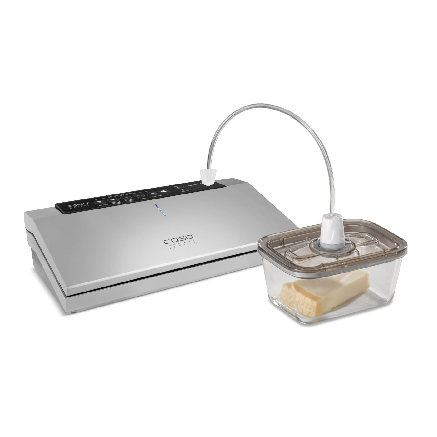 Vacuum sealer with container and cheese. Silver design, food storage appliance.