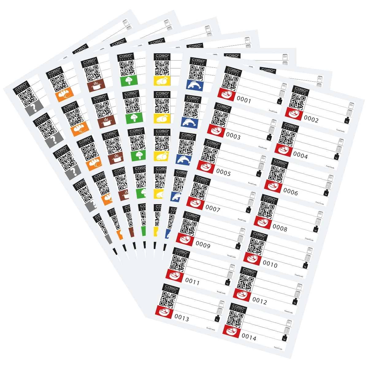 Labels with QR codes and numbers for food identification and tracking purposes.