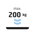 Maximalgewicht 200 kg, Pfeil nach unten, schwarzer Hintergrund, blaues Symbol.