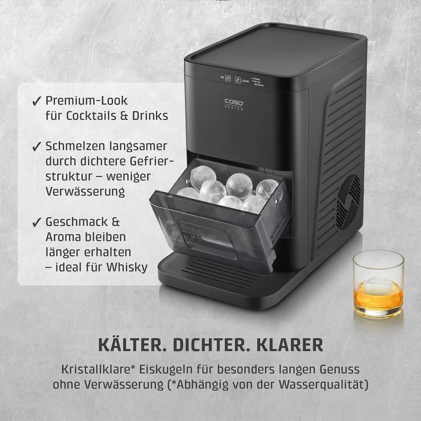 Eiswürfelmaschine mit runden Eiswürfeln für Cocktails und Drinks.