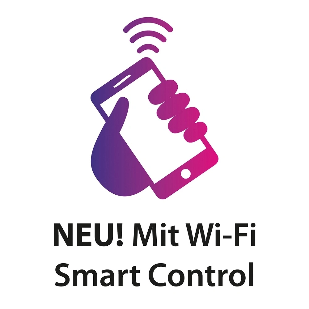 Hand hält Smartphone mit WLAN-Symbol und Text "NEU! Mit Wi-Fi Smart Control"