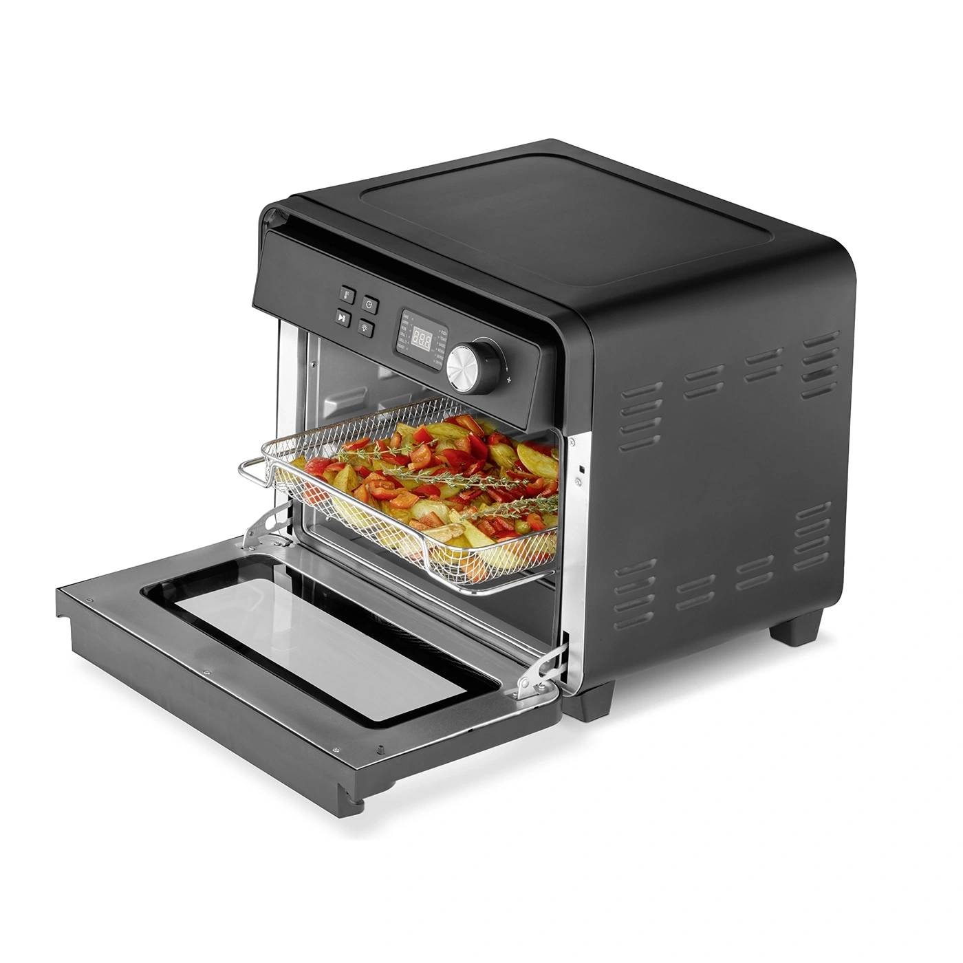 Black air fryer with open door and food inside, isolated on white background