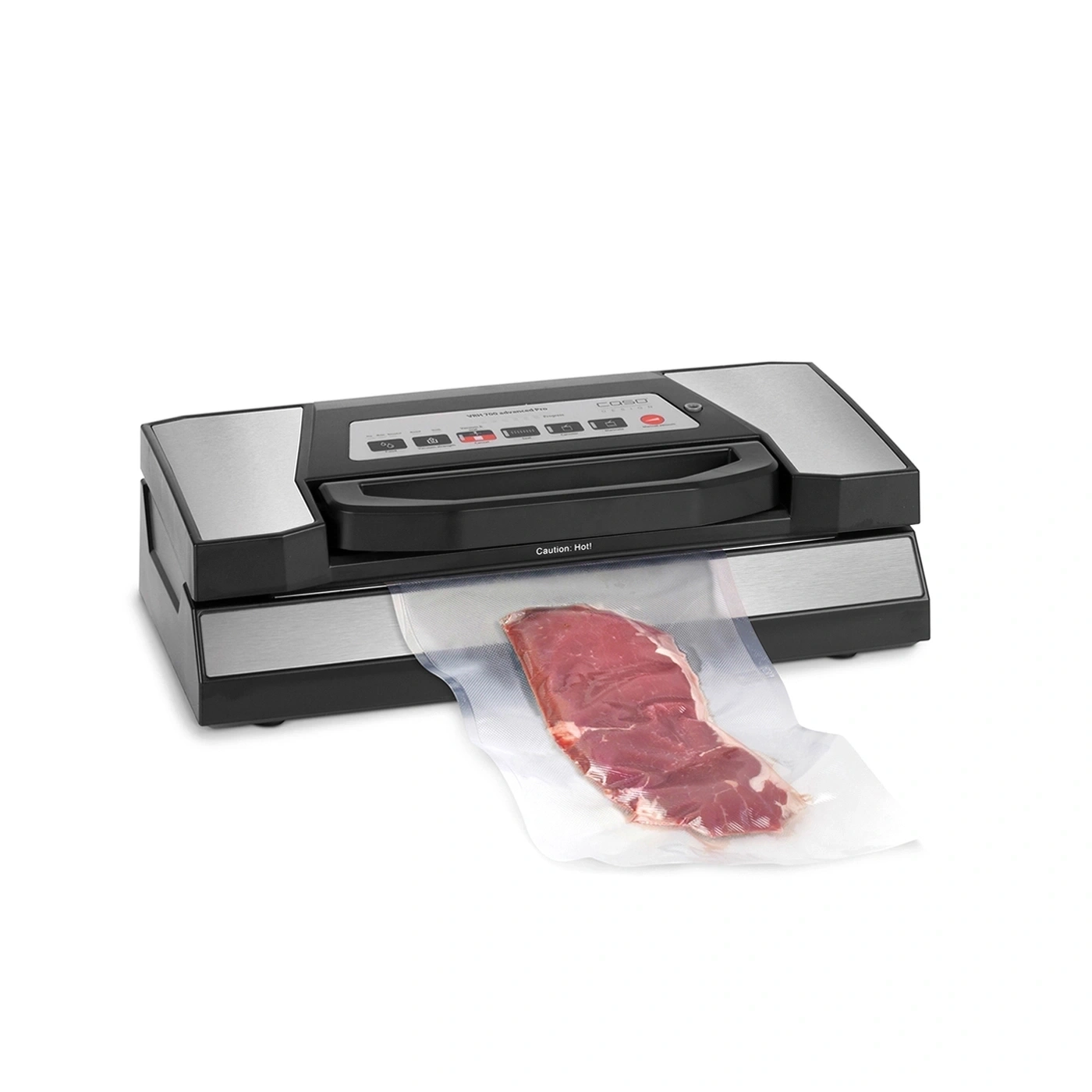 Vacuum sealer with a piece of raw meat in a vacuum bag.