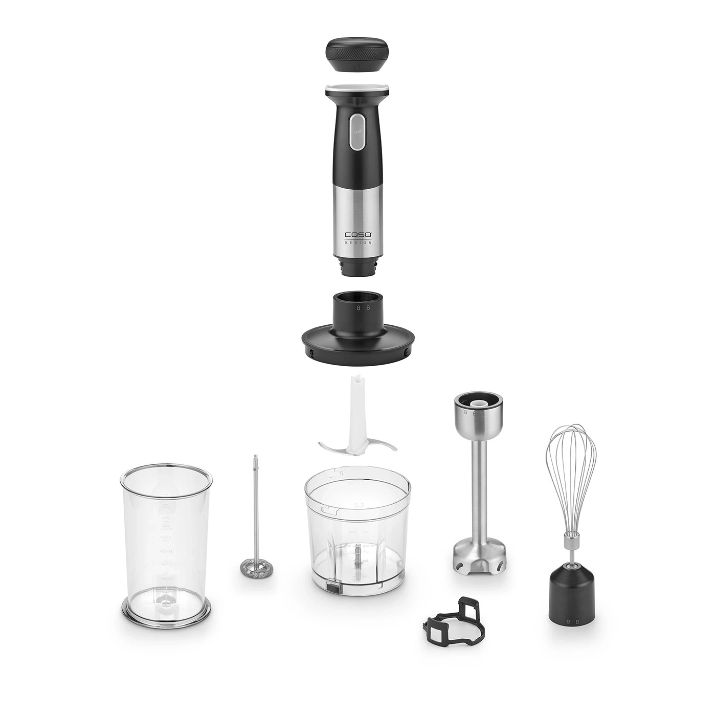 Explodierte Ansicht eines Stabmixers mit Zubehör, transparenten Bechern und Schneebesen.