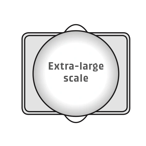 Extra-large scale, white circle on gray rectangle, black background.