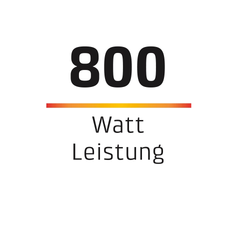 800 Watts de puissance, fond noir, ligne orange, texte