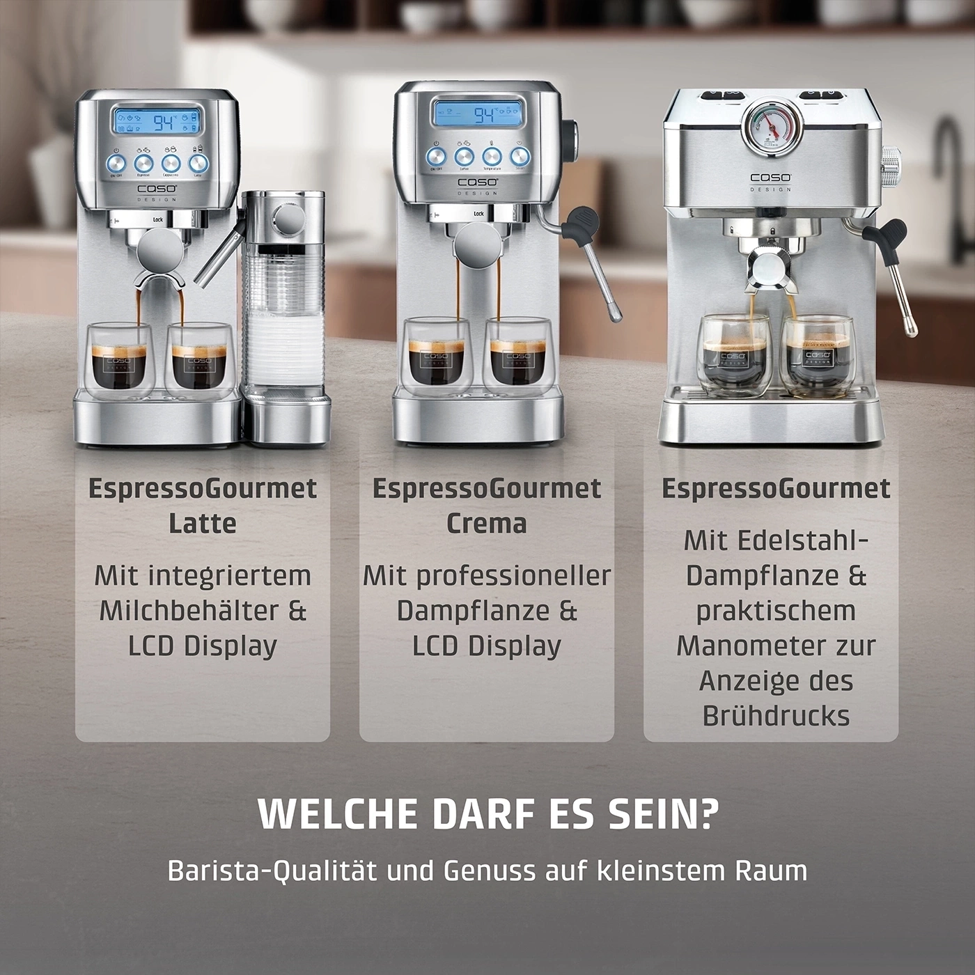 Three CASO espresso machines with different functions and descriptions.