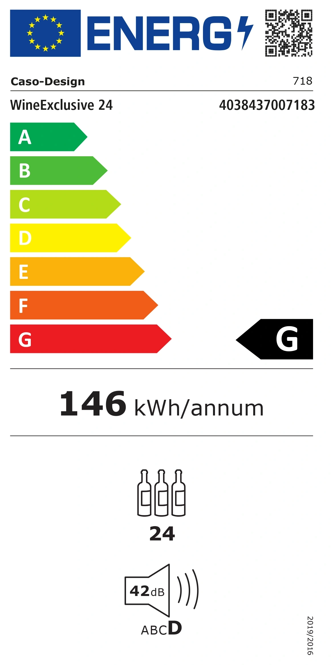 Energieetikett für Caso-Design WineExclusive 24, Energieeffizienzklasse G, 146 kWh/annum