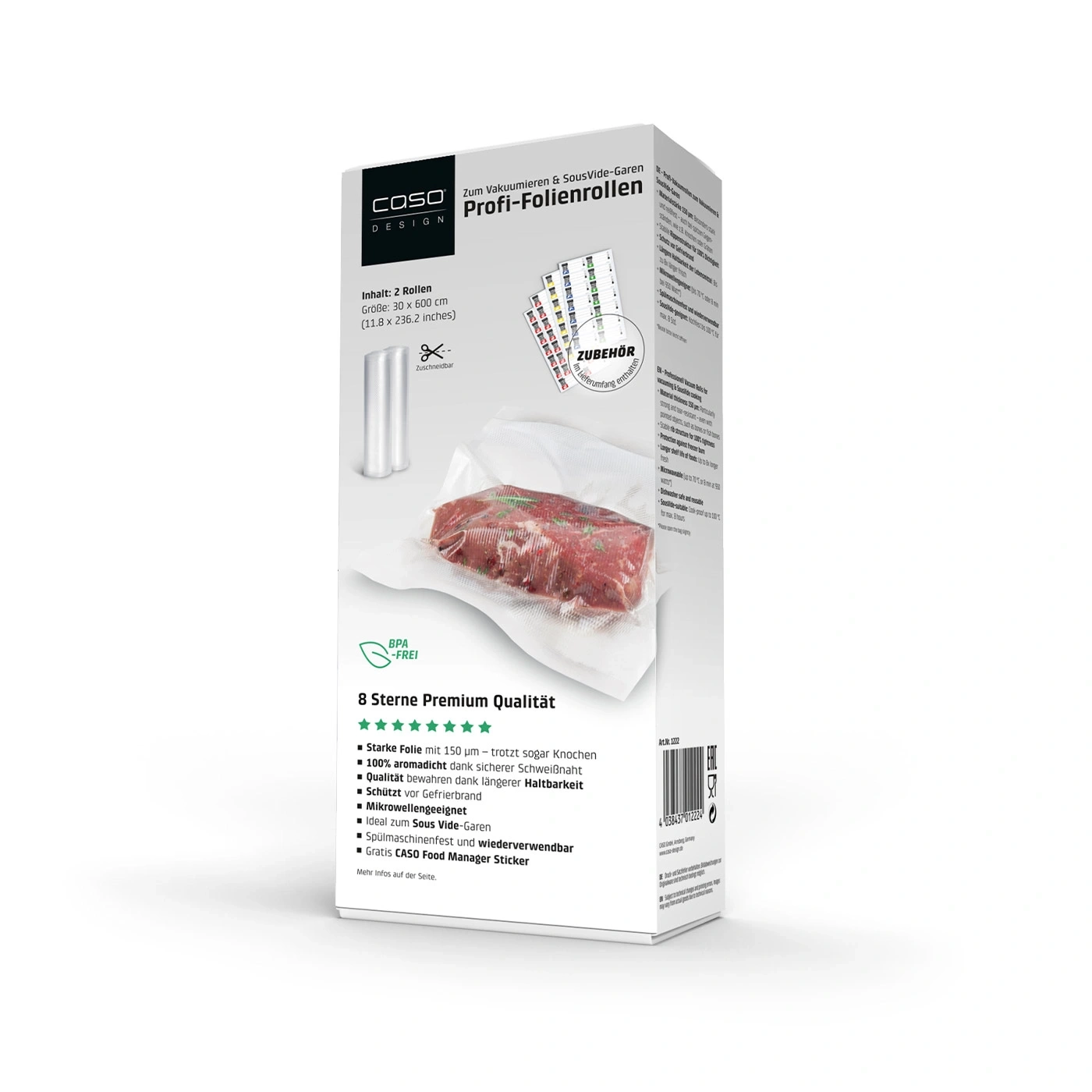 Verpackung für Vakuumier- und Sous-Vide-Garen Profi-Folienrollen mit Fleisch im Vakuumbeutel.