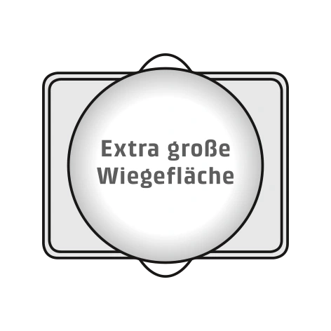Très grande surface de pesée, cercle blanc, fond gris, cadre noir, texte