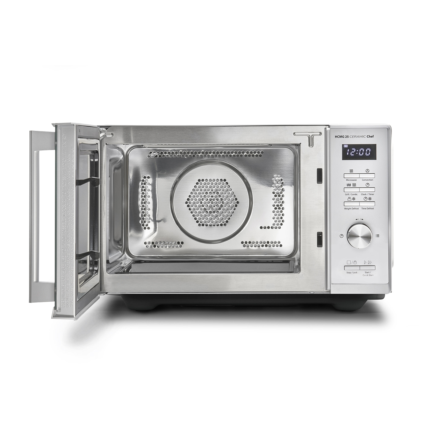 Microwave oven with open door, control panel, clock, cooking functions, stainless steel