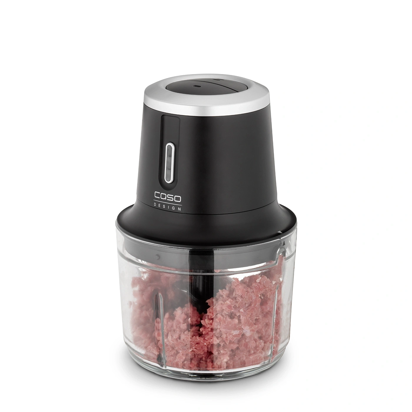 Schwarzer Food Processor mit Hackfleisch, Caso Design, isoliert auf Weiß