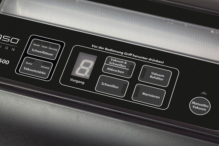 Vakuumiergerät mit Bedienfeld und verschiedenen Funktionen wie Vakuumieren und Schweißen.