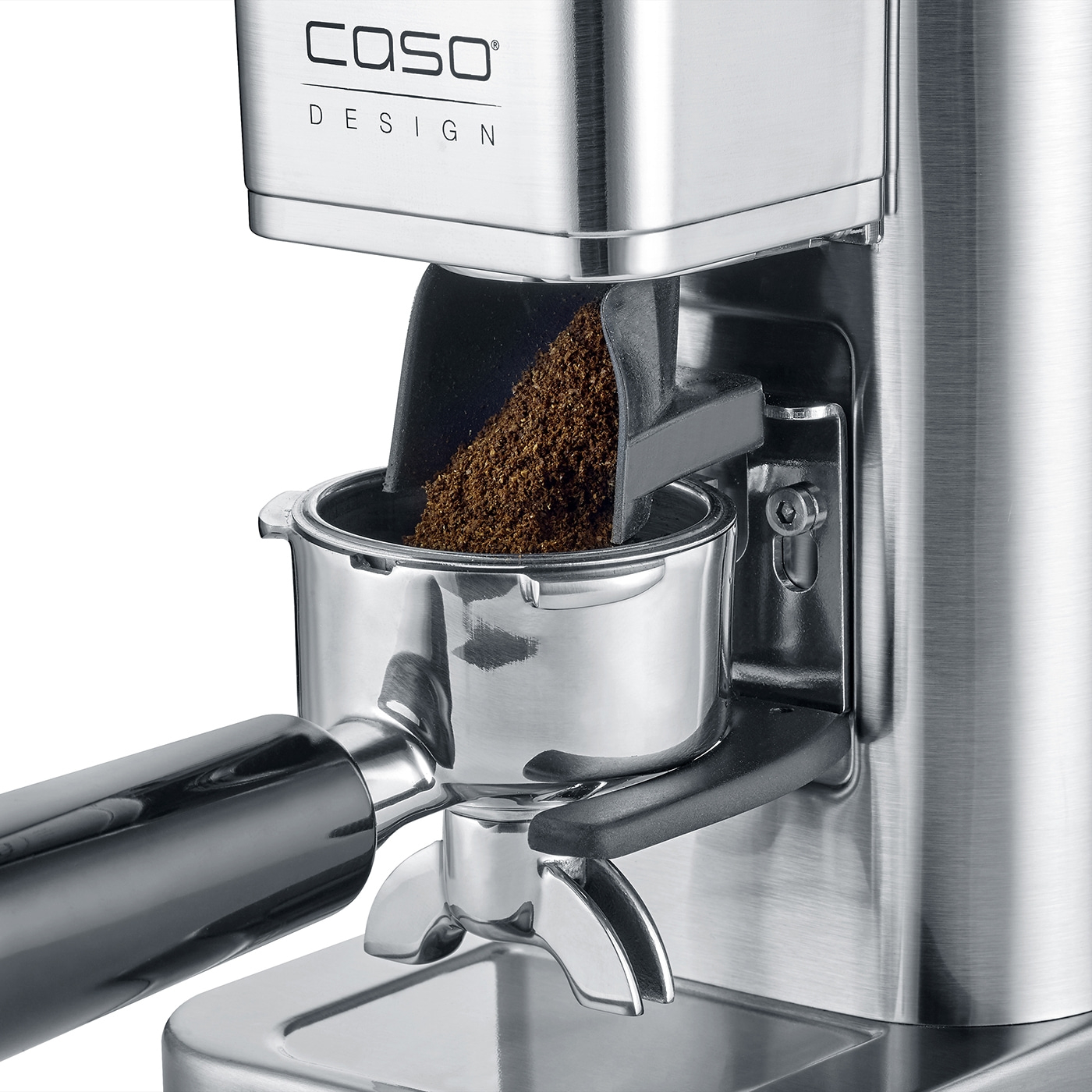 Kaffeemühle, Edelstahl, Kaffeepulver, Siebträger, Caso Design, nah, Detailaufnahme