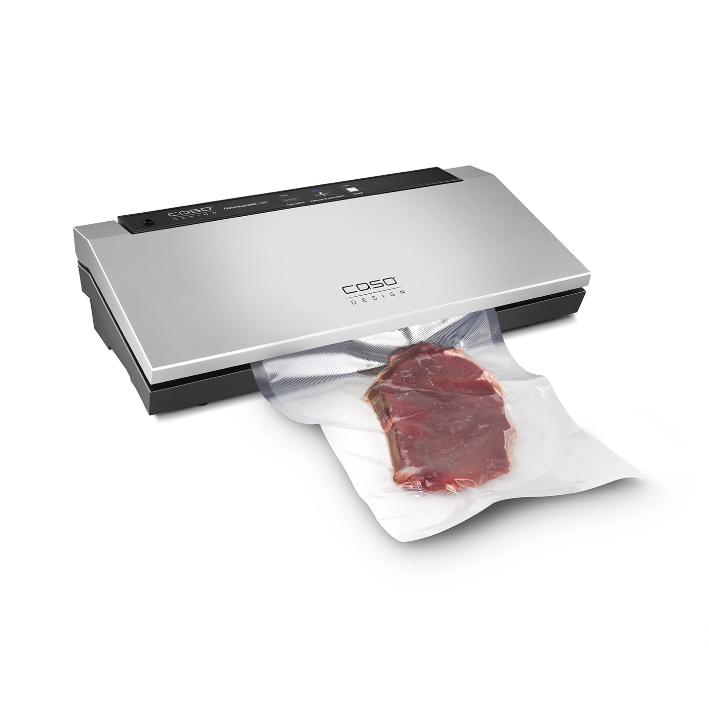 Vacuum sealer with meat in a bag, isolated on a white background