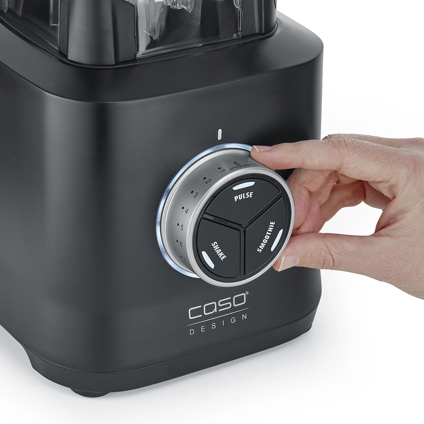 Black blender with control panel, hand turning knob, options: Pulse, Shake, Smoothie.