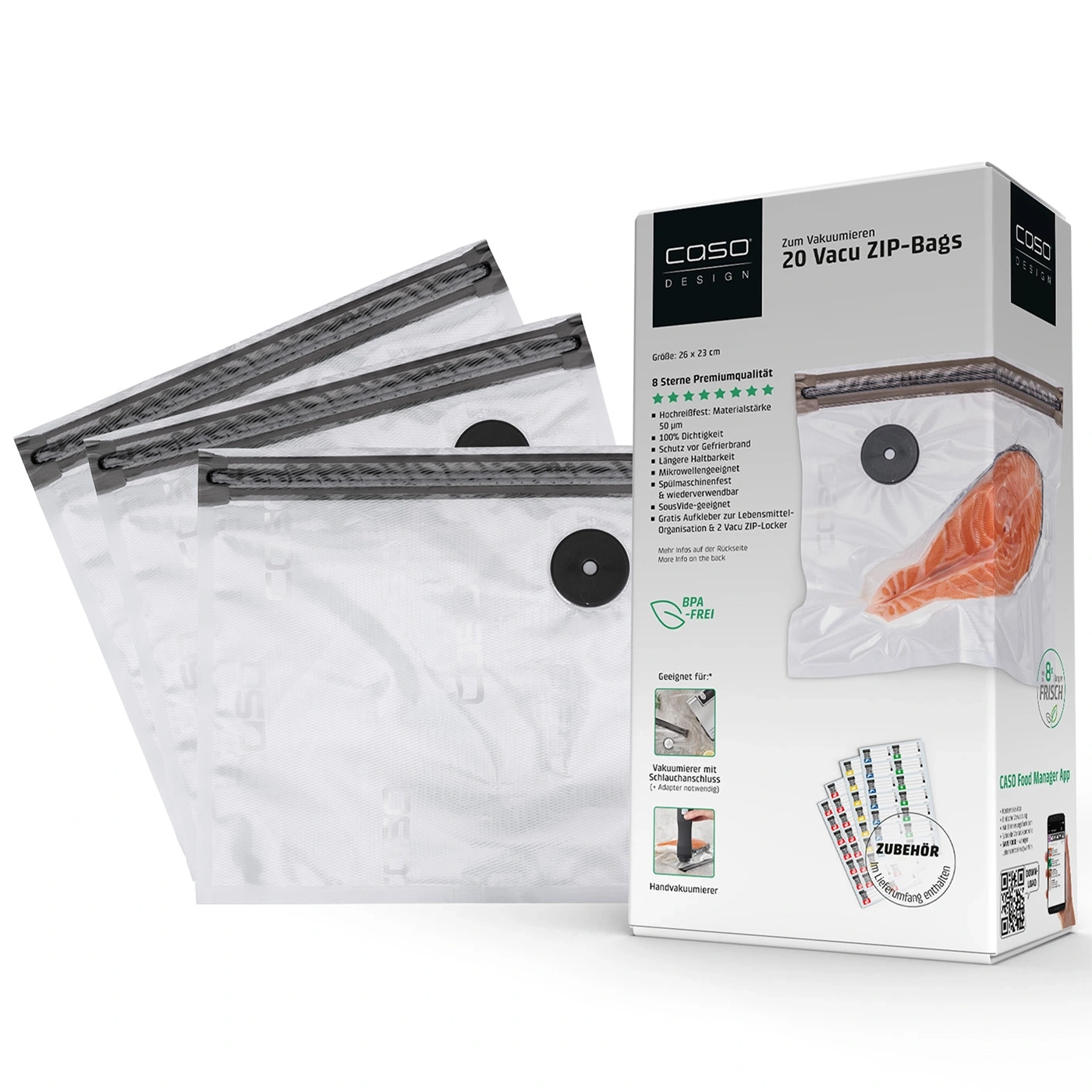 Vakuumierbeutel mit Lachs auf der Verpackung