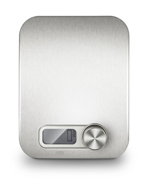 Küchenwaage aus Edelstahl mit digitaler Anzeige und Drehknopf