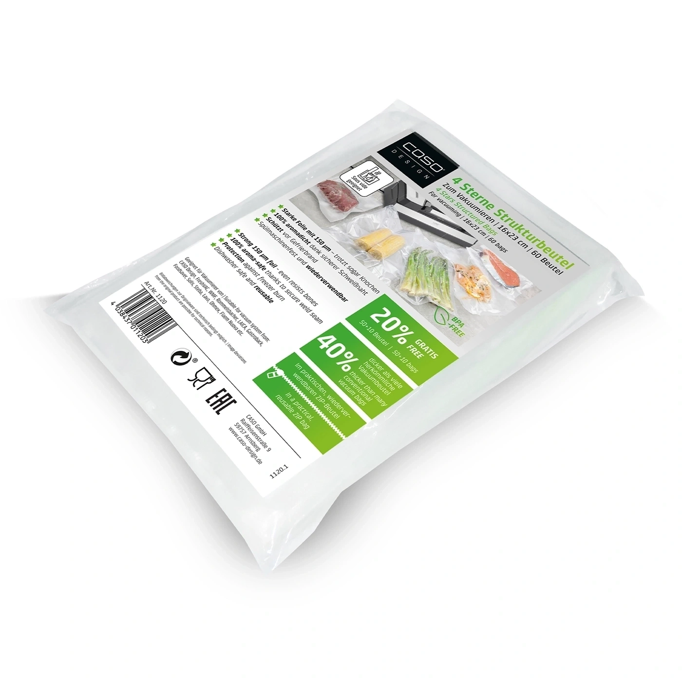 Structured vacuum bags for food, 16x23 cm, 60 pieces.