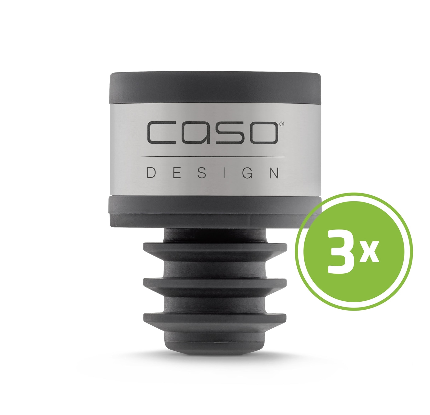 CASO Weinstopfen, 3er-Set, Design, schwarz-silber, Weinflaschenverschluss, Korken