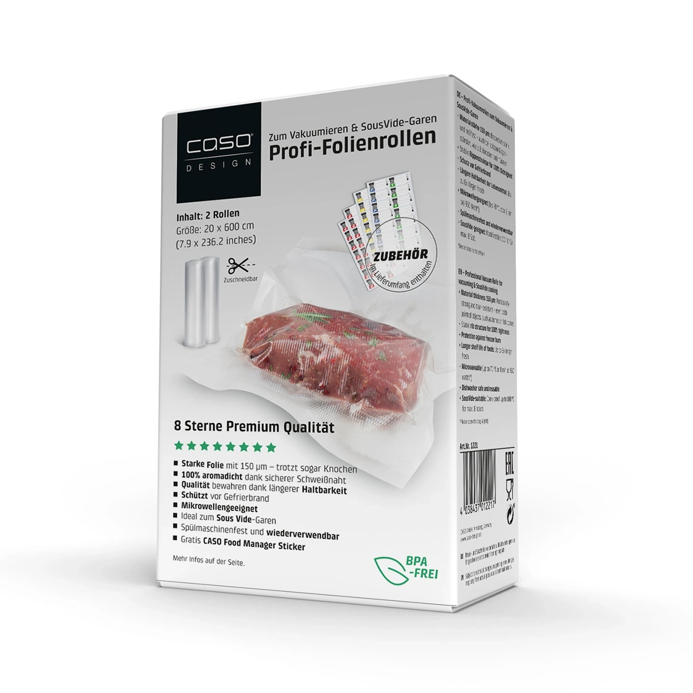 Verpackung für Vakuumier- und Sous-Vide-Folienrollen mit Fleisch