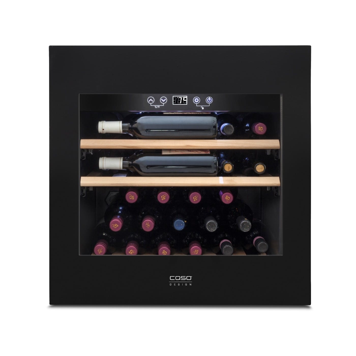 Cave à vin noire avec bouteilles, affichage de la température et étagères en bois