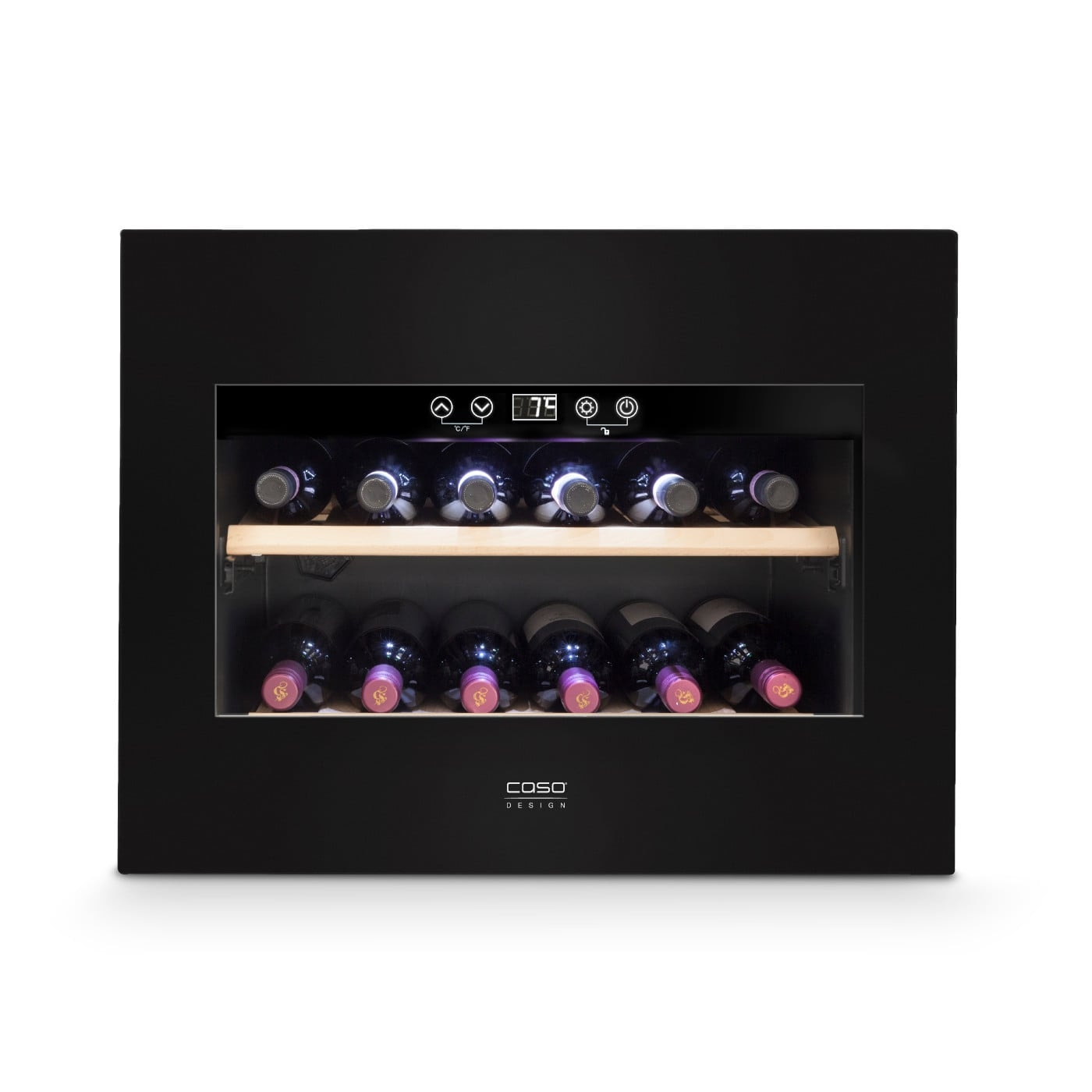 Black wine cooler with bottles, temperature display, wooden shelves, and COSO Design logo.