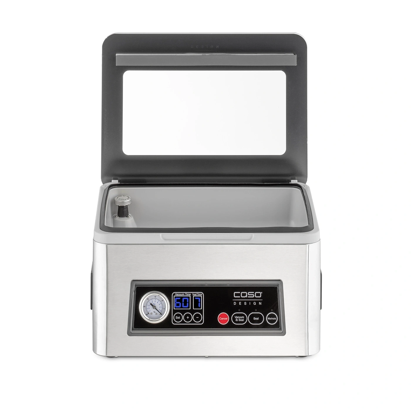 Scelleuse sous vide avec panneau de commande et couvercle ouvert, design en acier inoxydable, Caso Design.
