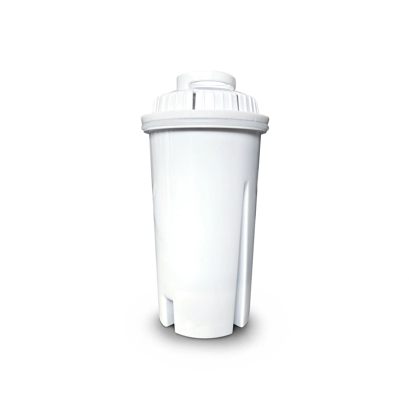 Filtre à eau cylindrique blanc avec des bords arrondis et un couvercle.