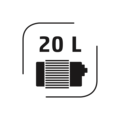 Batterie mit 20 Litern Kapazität, Symbol für Energie und Volumen.