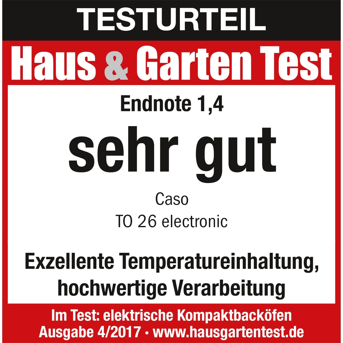 Haus & Garten Test, Note 1.4, très bon, Caso TO 26 electronic, excellente rétention de température