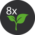Kreis mit 8x und grünen Blättern, Symbol für Wachstum und Nachhaltigkeit