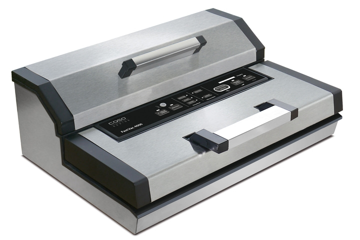 Stainless steel vacuum sealer with control panel and handles, perfect for preserving food in the kitchen.