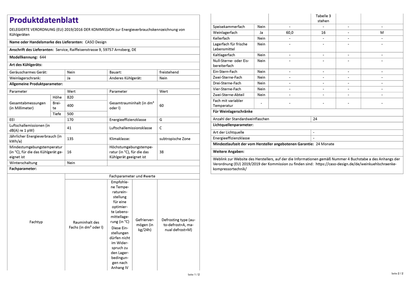 Fiche produit avec spécifications techniques pour les appareils de réfrigération de CASO Design.