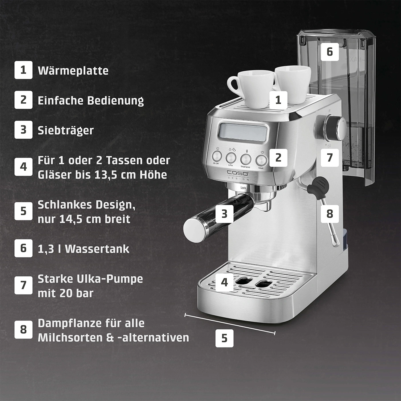 A silver espresso machine with two cups and a water tank.