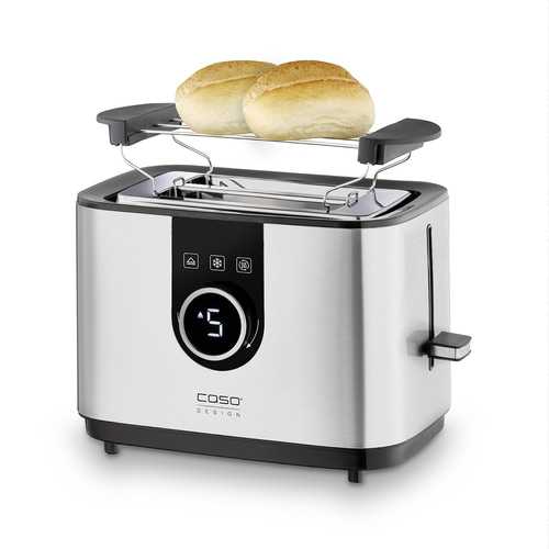 Toaster mit Brötchenaufsatz und Brötchen. Edelstahl-Design, modernes Gerät.