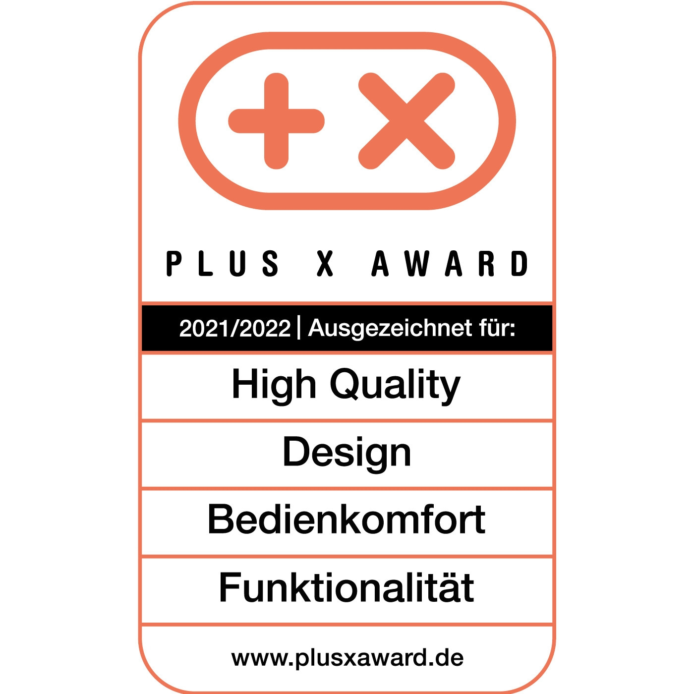 Plus X Award 2021/2022 for High Quality, Design, Bedienkomfort, Functionality