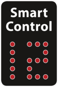 Black sign with "Smart Control" and red dots for control interface.
