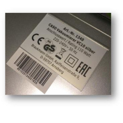 Etikett mit Produktinformationen des Caso Vakuumierer VC10 silber, Art.-Nr. 1340.