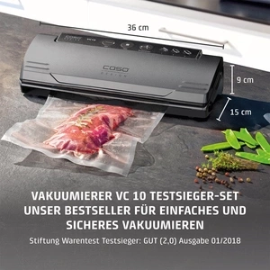 Scelleuse sous vide Caso VC 10 avec viande dans sac sous vide, dimensions indiquées.