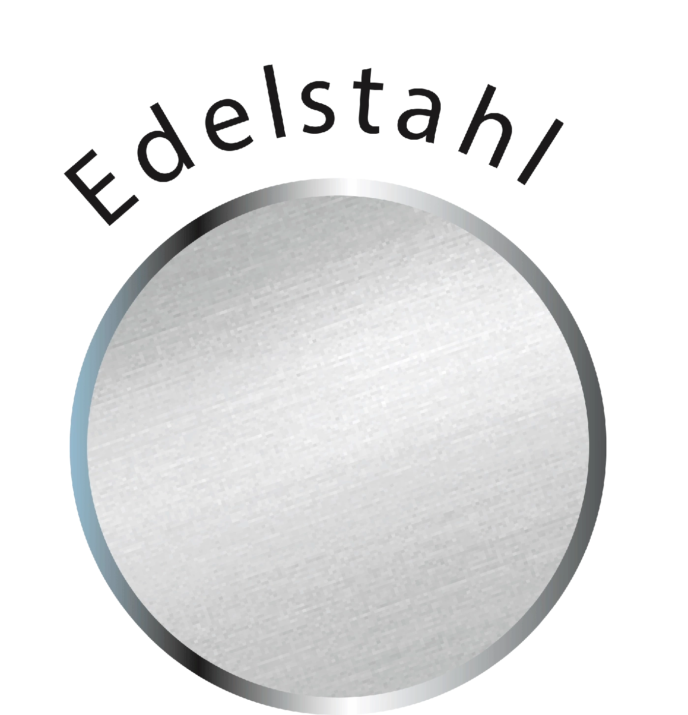 Edelstahl-Logo mit silbernem Kreis und Schriftzug, isoliert auf weißem Hintergrund
