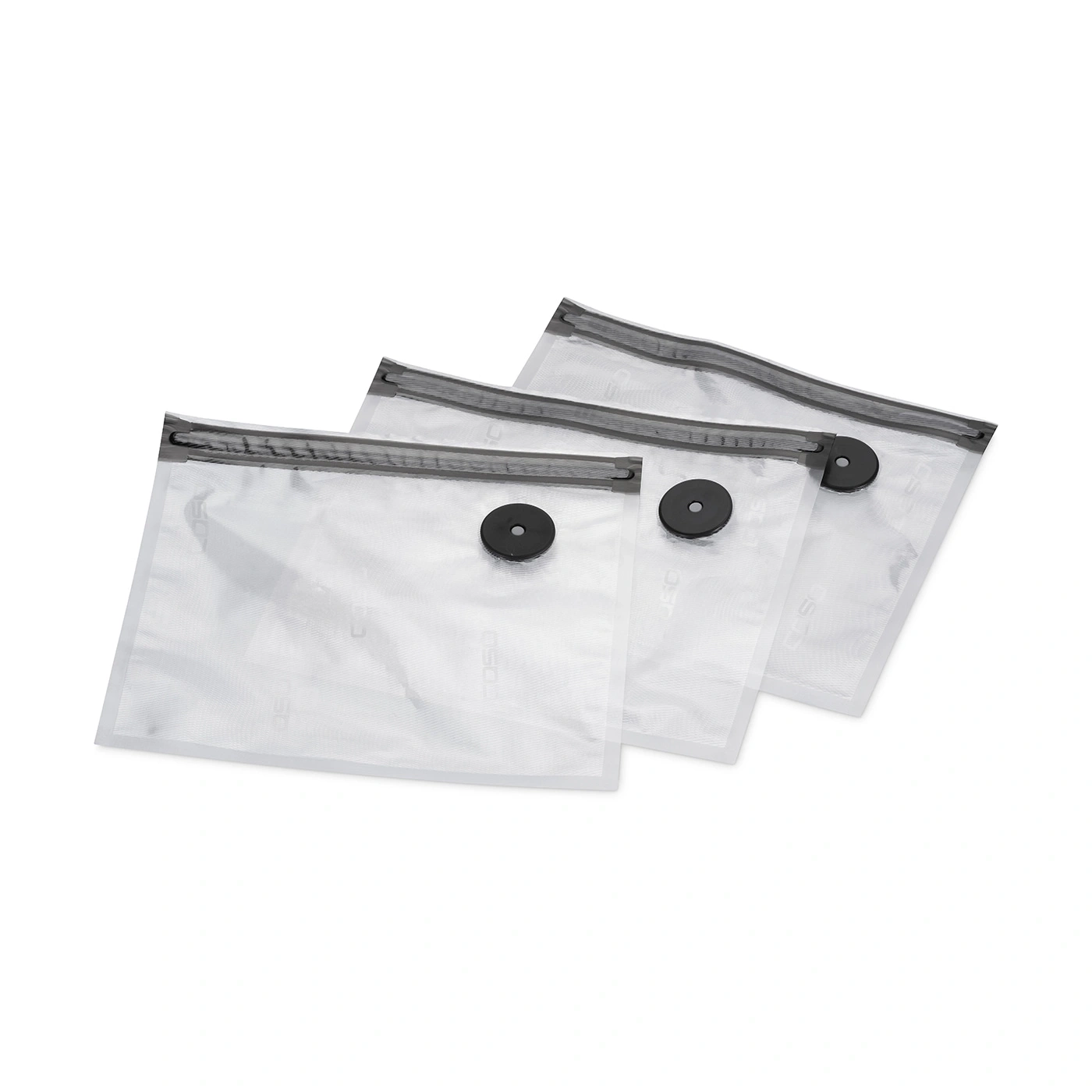 Trois sacs sous vide transparents avec fermetures éclair et valves noires sur fond blanc.