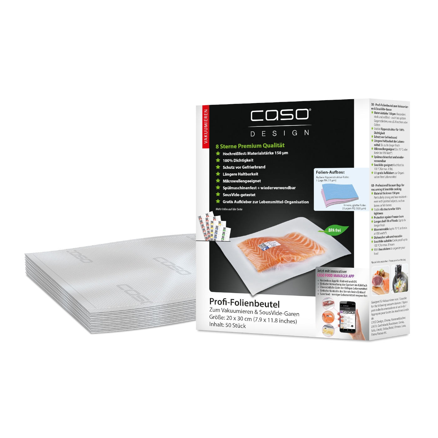 CASO Profi-Folienbeutel, Vakuumieren & SousVide-Garen, 50 Stück, 20x30cm, BPA-frei, Lebensmittel-Organisation