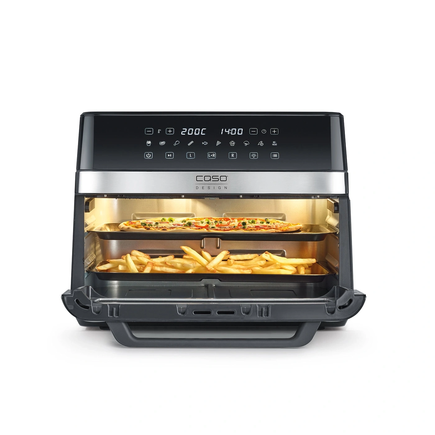Friteuse à air avec pizza et frites, design noir, marque Caso, appareil de cuisson