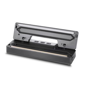 Vacuum sealer, gray, open, with control panel and lid