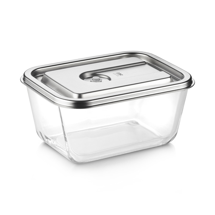 Transparente Glasbox mit Metallverschluss, ideal für die Aufbewahrung von Lebensmitteln.