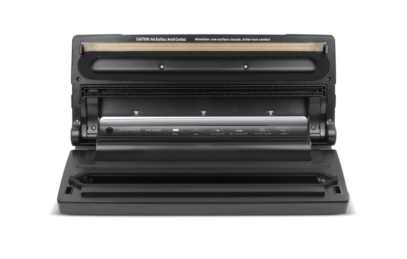 Opened black Caso VC350 vacuum sealer with control panel and warning labels, ready to use.