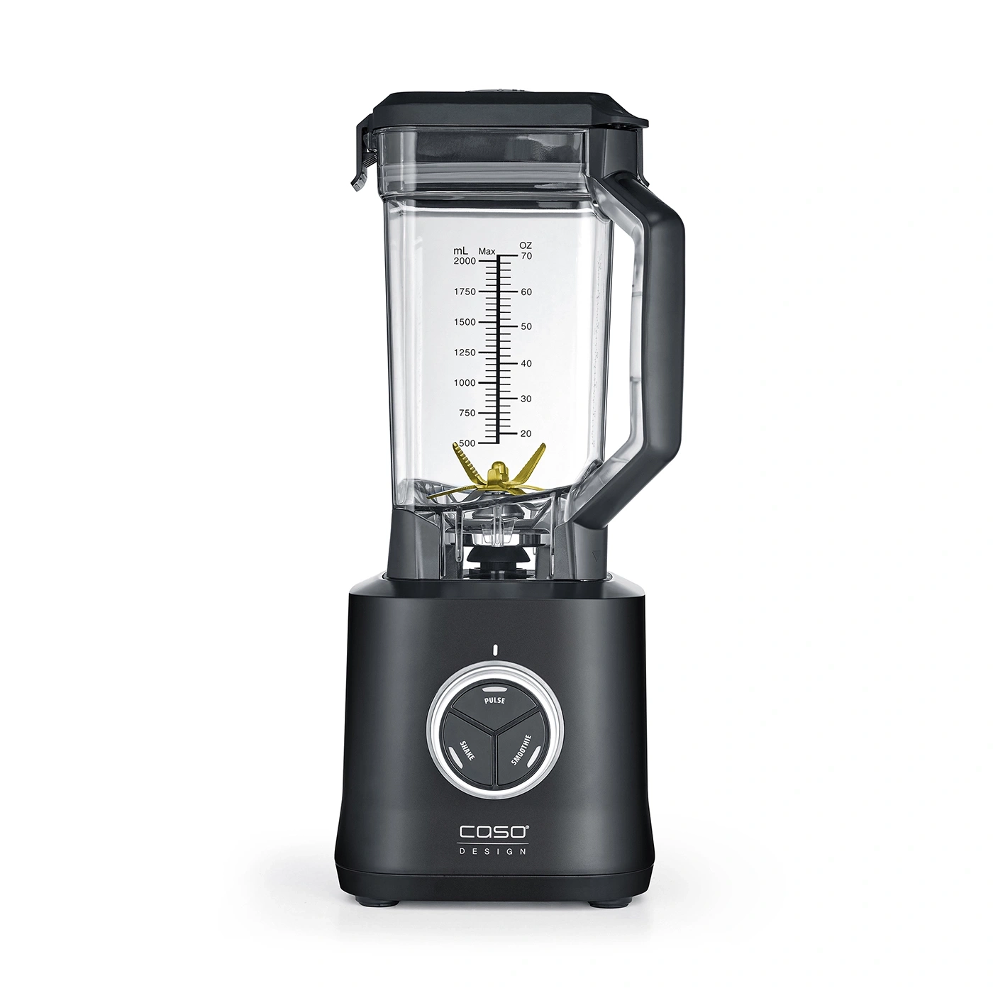 Black blender with measuring cup and control panel for different functions.