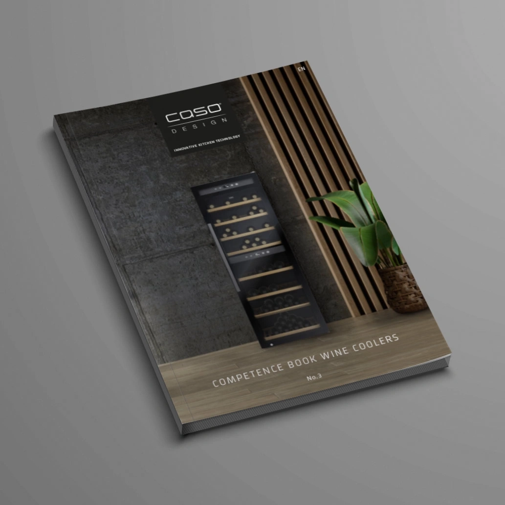 Cover of a competence book about wine coolers with logo and plants