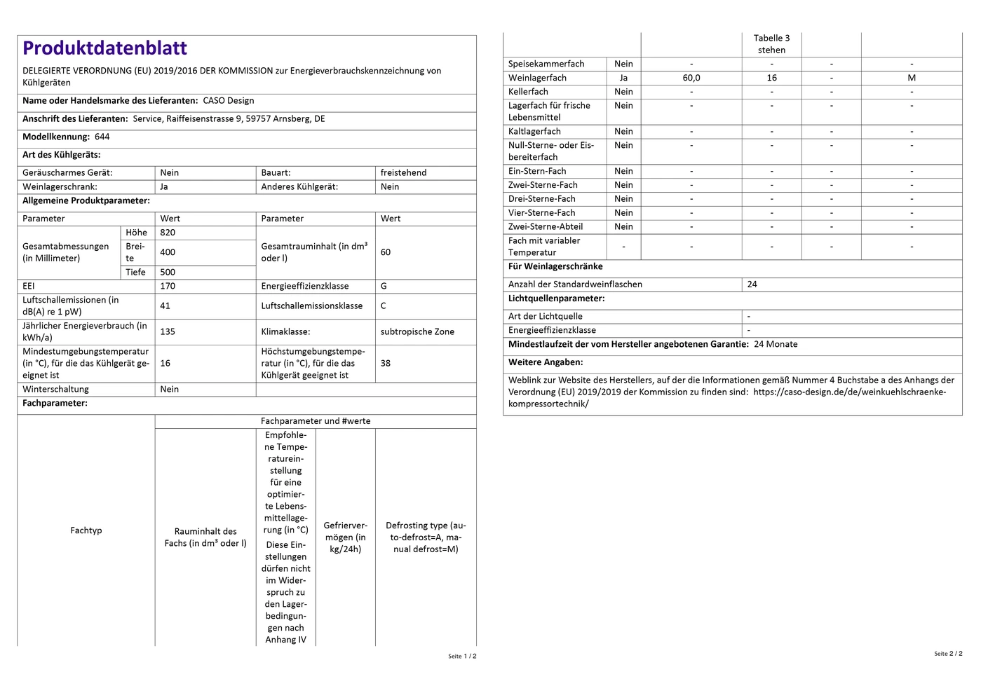 Fiche produit avec spécifications techniques pour les appareils de réfrigération de CASO Design.